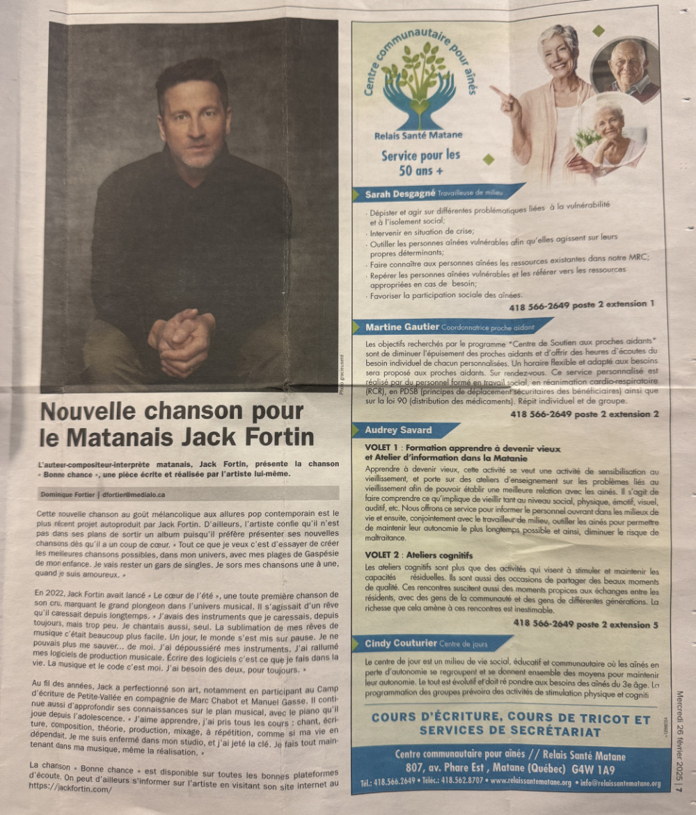 Article L'Avantage Gaspésien — Nouvelle chanson pour le Matanais Jack Fortin — 4 février 2025