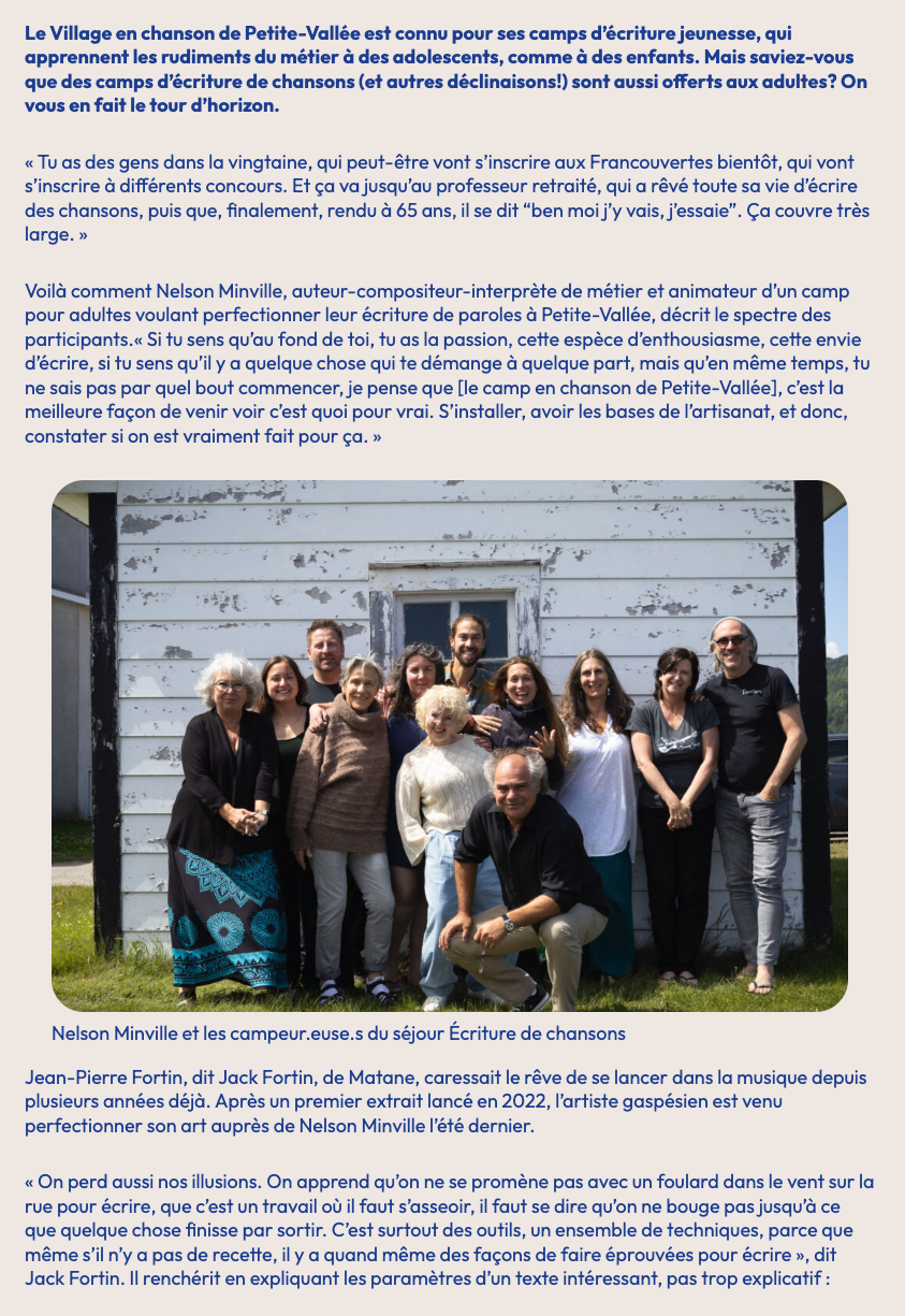 Article Camp Chanson de Petite-Vallée — Les camps pour adultes de Petite-Vallée — 16 avril 2026