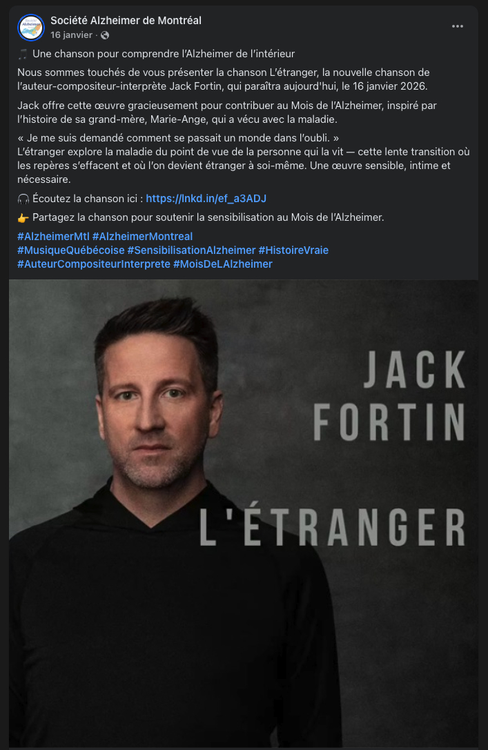 Publication Facebook — Société Alzheimer de Montréal — L'étranger de Jack Fortin — 16 janvier 2026