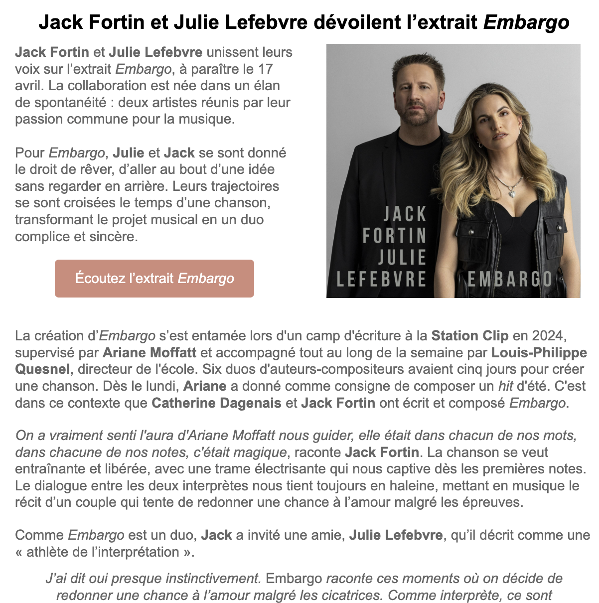 Communiqué L'équipe Nat Corbeil — Jack Fortin et Julie Lefebvre dévoilent l'extrait Embargo — 17 avril 2026
