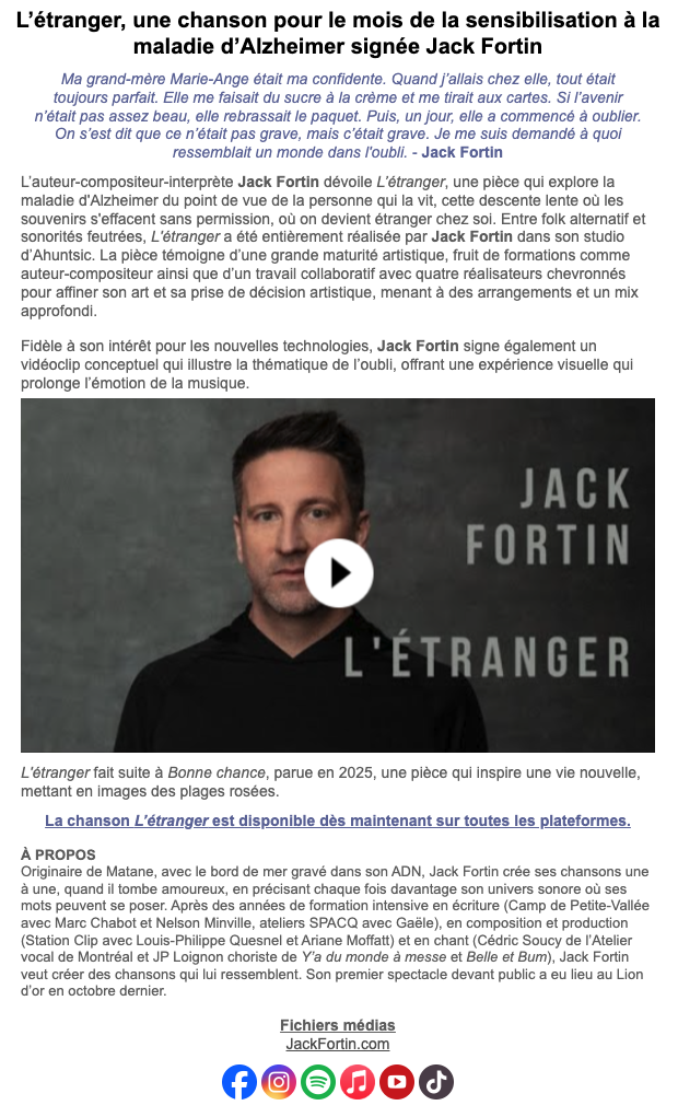 Communiqué L'équipe Nat Corbeil — L'étranger, une chanson pour le mois de la sensibilisation à la maladie d'Alzheimer — Jack Fortin — 21 janvier 2026
